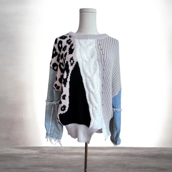 BiBi Sweaters - BiBi Mixed Media Patchwork Leopard Knit Sweater Denim Sleeves Asymmetrical Hem S